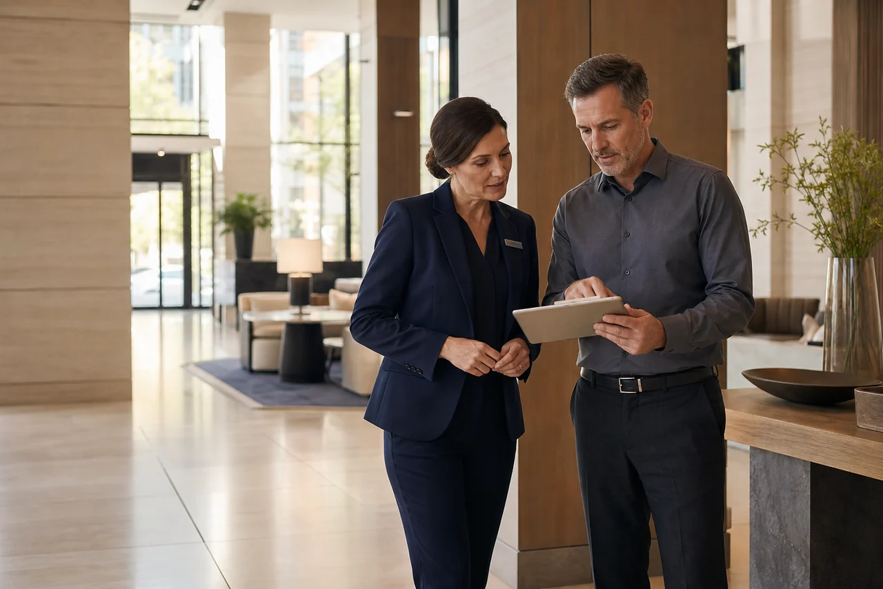 Two hotel operations leaders coordinate in a contemporary U.S. hotel lobby