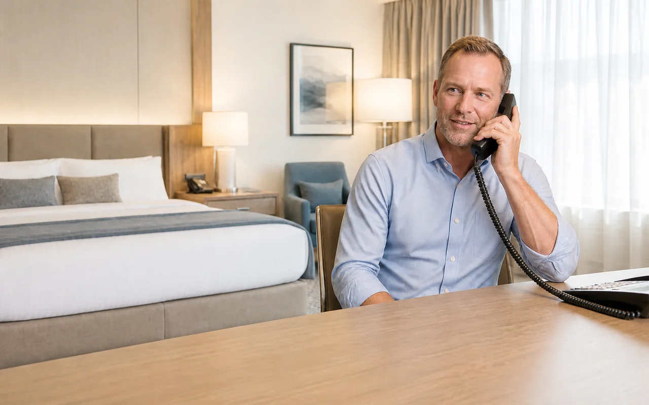 A male business traveler uses the room phone in a contemporary U.S. hotel guest room
