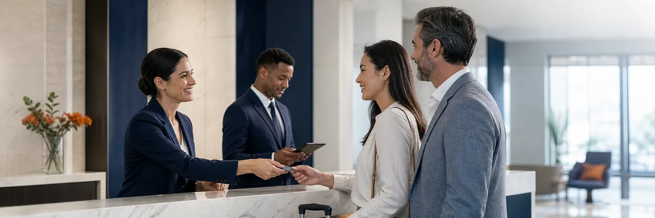 Hotel guests checking in with a front desk team